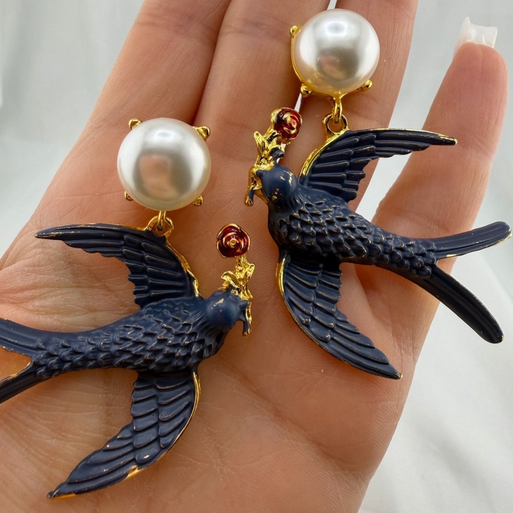 Blue Swallow Pearl Drop Earrings Statement Gold - Picture 3 of 14